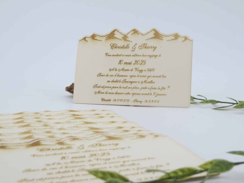 Faire part en carton bois ~ Line Art Montagne